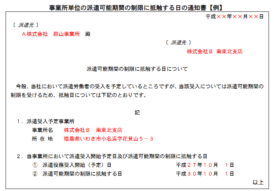 事業所単位の派遣可能期間の制限に抵触する日の通知書【例】